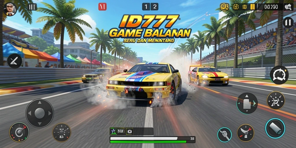Gameplay seru ID777 dengan mobil balap dan lintasan menantang.