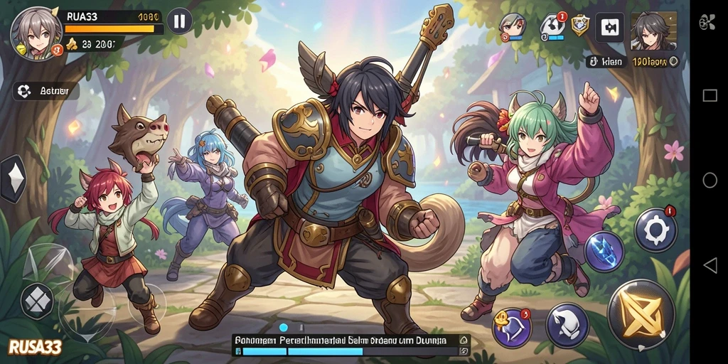 Screenshot gameplay RUSA33 menampilkan pertarungan epik dalam dunia anime.
